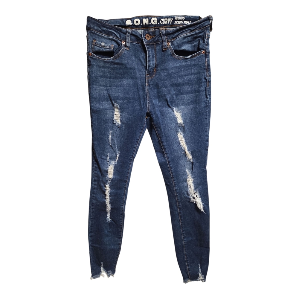 Women's Curvy High Rise Distressed Super Skinny Jeans - Dark Blue
